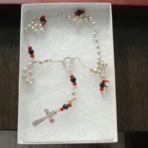 Elegant Silver and Red Rosary Necklace